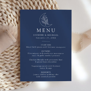 Menu Élégant Mariage Botanique Lune et Étoiles Bleu Mar