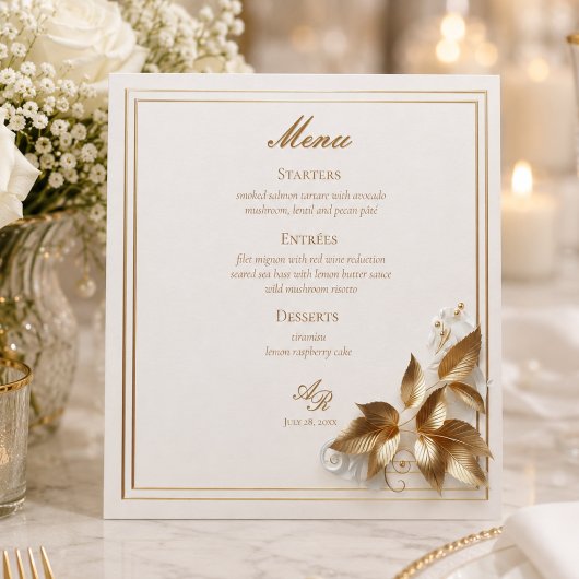 Menu Élégant mariage botanique or 