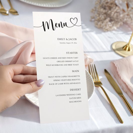 Menu Élégant Mariage Calligraphie Noir & Blanc