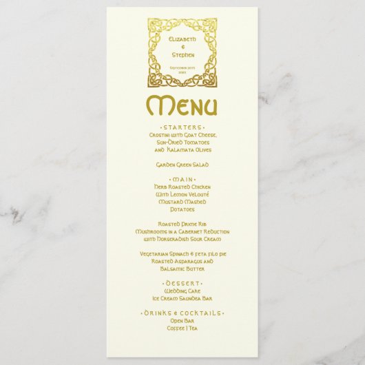 Menu Elégant Mariage celtique Ivory Faux Gold Celtic no (Devant)