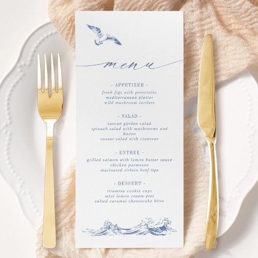 Menu Élégant Mariage Chic Bord de Mer Bleu