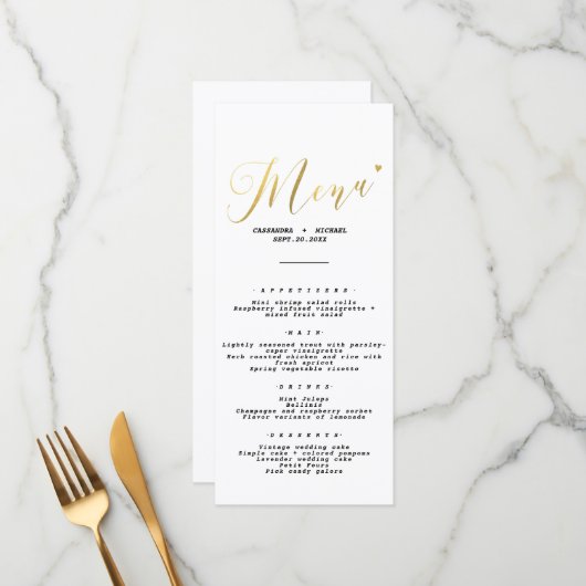 Menu Élégant Mariage chic Gold Script (Devant/Arrière en situation)
