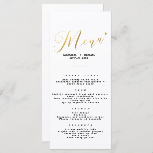 Menu Élégant Mariage chic Gold Script (Devant / Derrière)