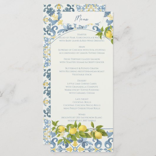 Menu Élégant Mariage citron en carrelage bleu italien (Devant / Derrière)