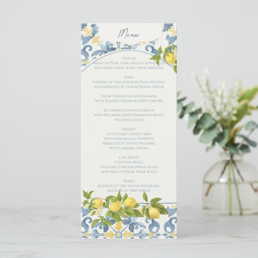 Menu Élégant Mariage citron en carrelage bleu italien (Debout devant)