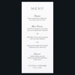 Menu Élégant Mariage classique noir et blanc<br><div class="desc">Élégant menu mariage noir et blanc avec un design simple et minimal avec le titre dans une police serif traditionnelle et les en-têtes de cours dans un élégant script de calligraphie. Un style classique qui conviendra à merveille à une mariage officielle.</div>