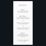 Menu Élégant Mariage classique noir et blanc<br><div class="desc">Élégant menu mariage noir et blanc avec un design simple et minimal avec le titre dans une police serif traditionnelle et les en-têtes de cours dans un élégant script de calligraphie. Un style classique qui conviendra à merveille à une mariage officielle.</div>