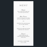 Menu Élégant Mariage classique noir et blanc<br><div class="desc">Élégant menu mariage noir et blanc avec un design simple et minimal avec le titre dans une police serif traditionnelle et les en-têtes de cours dans un élégant script de calligraphie. Un style classique qui conviendra à merveille à une mariage officielle.</div>