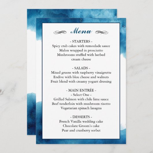 Menu Elégant Mariage d'aquarelle bleu (Devant / Derrière)