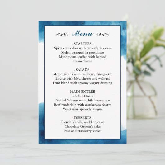 Menu Elégant Mariage d'aquarelle bleu (Debout devant)