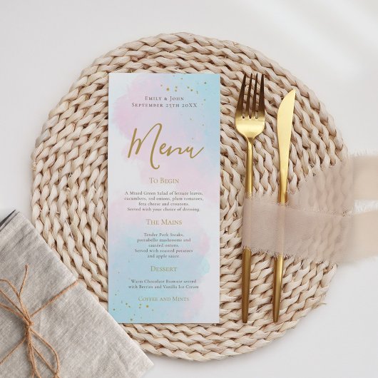 Menu Elégant Mariage d'Aquarelle bleu rose or