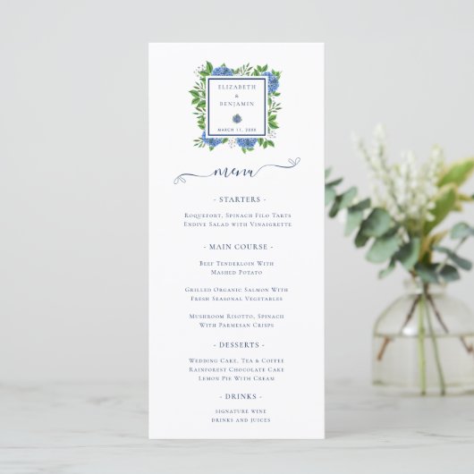 Menu Élégant Mariage d'aquarelle Blue Hydrangeas (Debout devant)