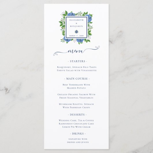 Menu Élégant Mariage d'aquarelle Blue Hydrangeas (Devant)