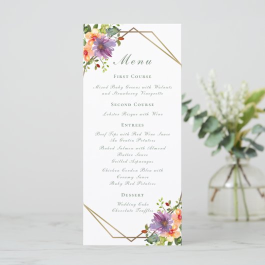 Menu Elégant Mariage d'aquarelle de pêche Floral Boho (Debout devant)
