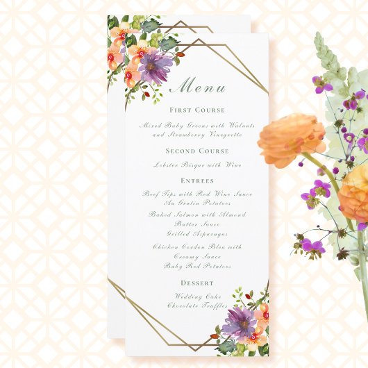 Menu Elégant Mariage d'aquarelle de pêche Floral Boho