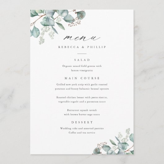 Menu Elégant Mariage d'aquarelle Eucalyptus (Devant)