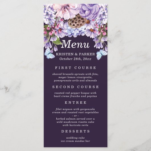 Menu Élégant Mariage d'aquarelle florale pourpre (Devant)
