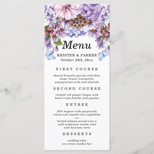 Menu Élégant Mariage d'aquarelle florale pourpre (Devant)