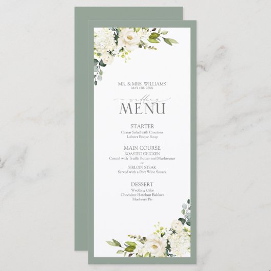Menu Elégant Mariage d'aquarelle gris blanc vert (Devant / Derrière)