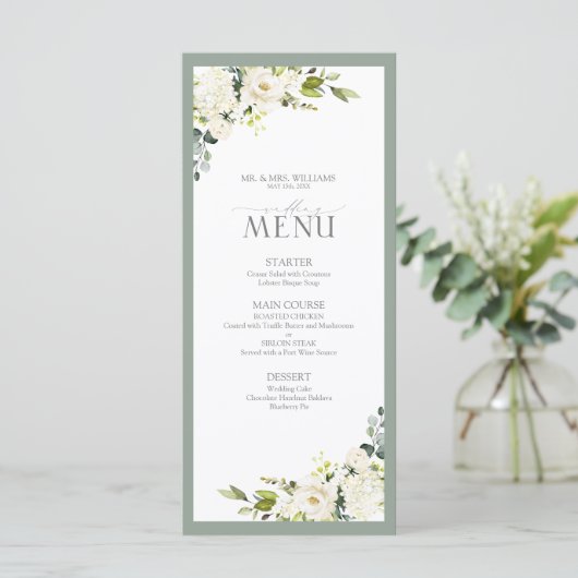 Menu Elégant Mariage d'aquarelle gris blanc vert (Debout devant)
