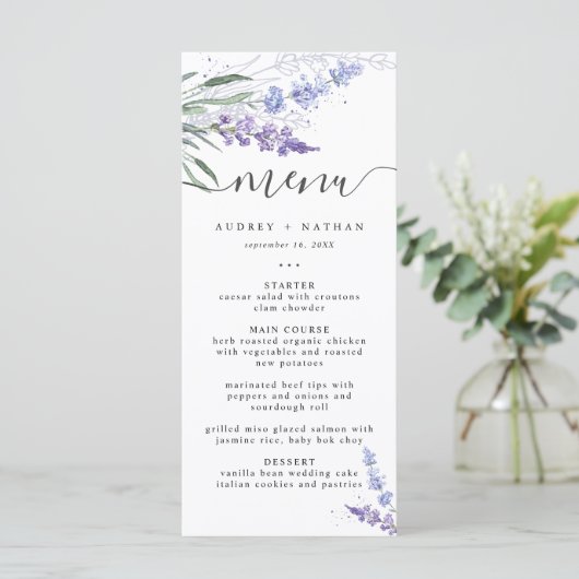 Menu Élégant Mariage d'aquarelle Lavender (Debout devant)