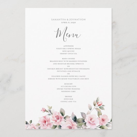 Menu Élégant Mariage d'aquarelle rose (Devant)