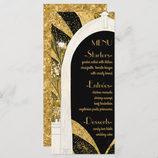 Menu Elégant Mariage d'arcade Art déco noir et or (Devant / Derrière)