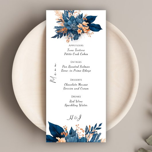 Menu Élégant Mariage de Boho Floral de rouille Indigo
