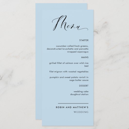 Menu Elégant Mariage de calligraphie bleu Dusty / Récep (Devant / Derrière)
