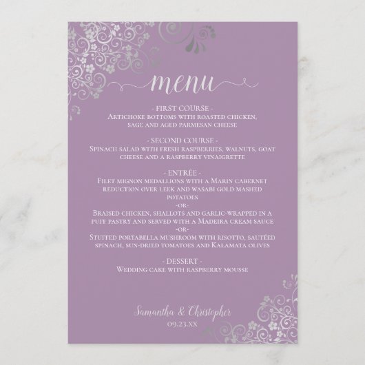 Menu Élégant Mariage de dentelle argenté Lavande violet (Devant)
