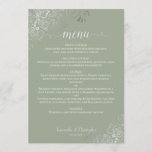 Menu Élégant Mariage de dentelle argenté Sage Green (Devant)