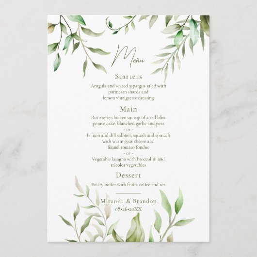 Menu Élégant Mariage de feuillage Eucalyptus Vert Sage (Devant)
