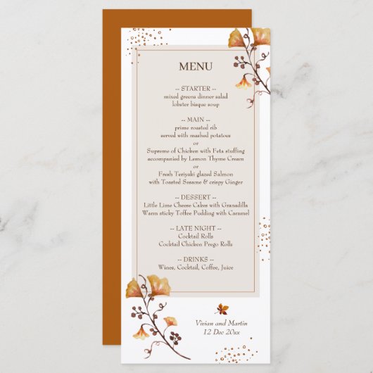 Menu Elégant Mariage de feuille d'automne doré (Devant / Derrière)