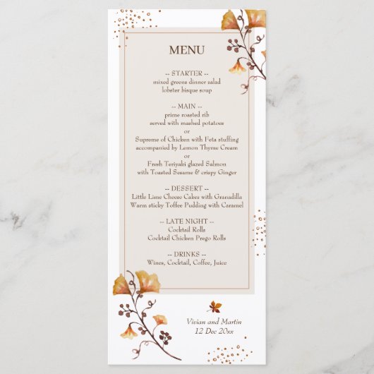 Menu Elégant Mariage de feuille d'automne doré (Devant)