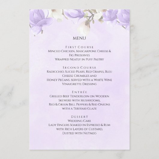 Menu Élégant Mariage de Magnolia Violet (Dos)