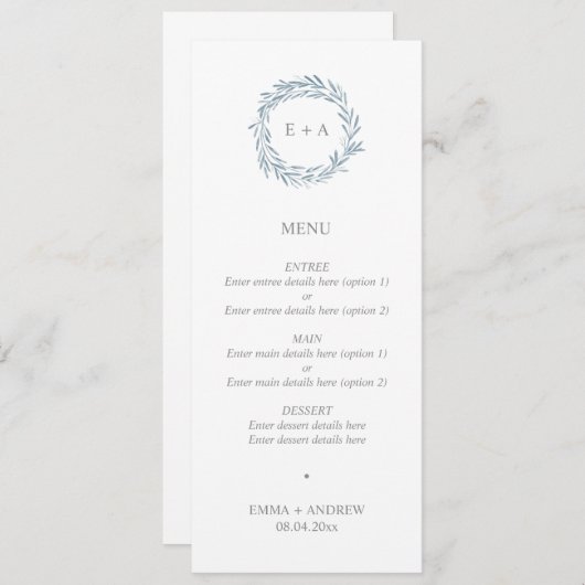 Menu Élégant Mariage de monogramme de couronne bleu (Devant / Derrière)