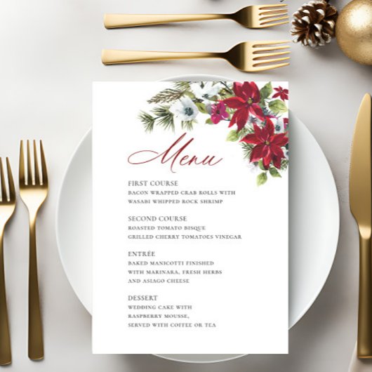 Menu Élégant Mariage de Noël Rouge Poinsettia