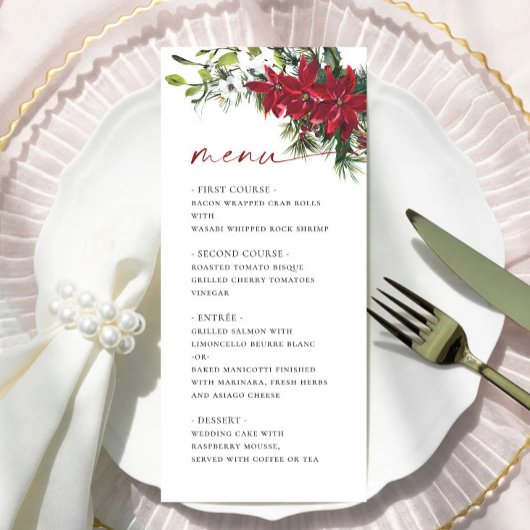 Menu Élégant Mariage de Noël Rouge Poinsettia