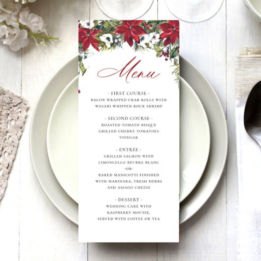 Menu Élégant Mariage de Noël Rouge Poinsettia