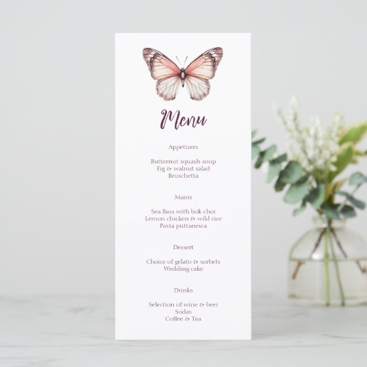 Menu Élégant Mariage de papillons Fête CUSTOM (Debout devant)