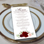 Menu Élégant Mariage de Roses rouges et roses blanches<br><div class="desc">Ce beau menu ajoutera un peu de style à votre réception de mariage. Il présente un beau design boho chic floral avec un ensemble de roses d'aquarelle peints à la main dans les tons bordeaux, rouge et rose roux, ainsi que des sprigs de feuilles d'eucalyptus et de verdure du jardin....</div>