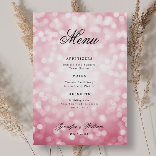 Menu Élégant Mariage de script Blush Rose Bokeh lumière