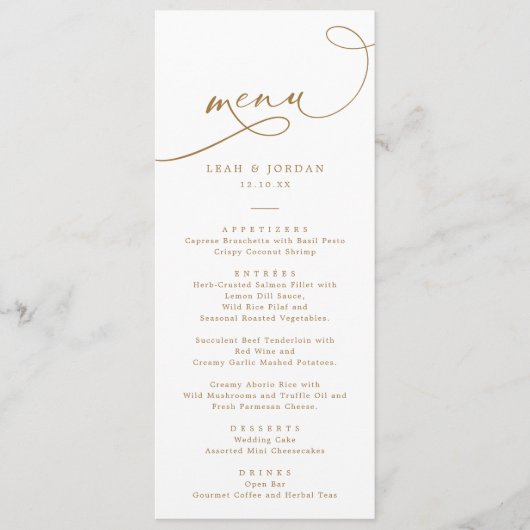 Menu Élégant Mariage de script de calligraphie or (Devant)