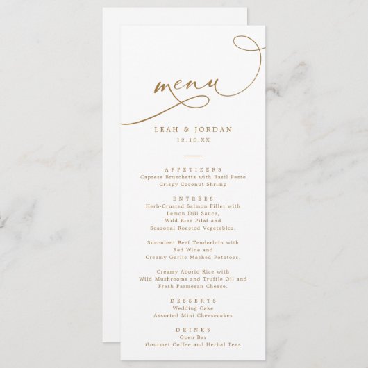 Menu Élégant Mariage de script de calligraphie or (Devant / Derrière)