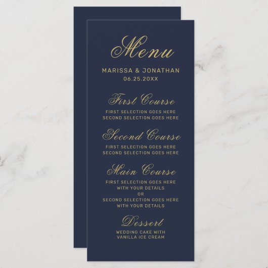 Menu Élégant Mariage de script en or bleu marine (Devant / Derrière)