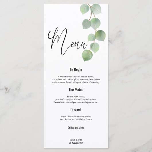 Menu Élégant mariage de script Eucalyptus Gold Green (Devant)