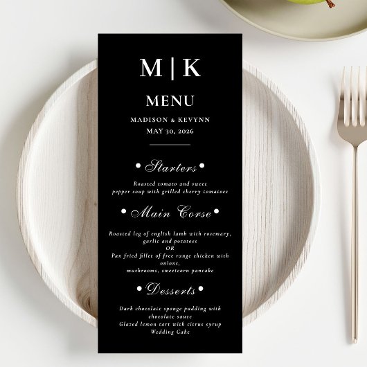 Menu Élégant Mariage de script noir blanc