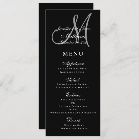 Menu Élégant Mariage de script noir blanc (Devant / Derrière)