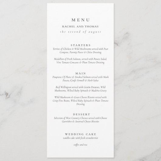 Menu Élégant Mariage de script noir et blanc (Devant)