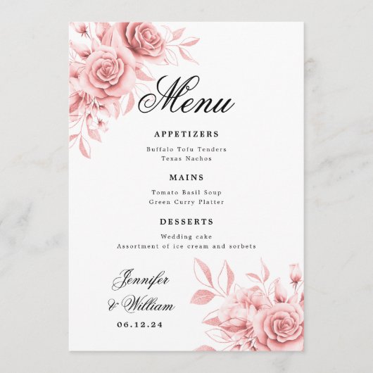 Menu Élégant Mariage de script rose rose pâle rose flor (Devant)